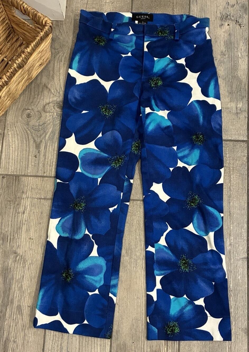 Vtg 90s Y2K GUESS Jeans Blue Floral Poppy Pants Cotton Crop Stretch Trousers S